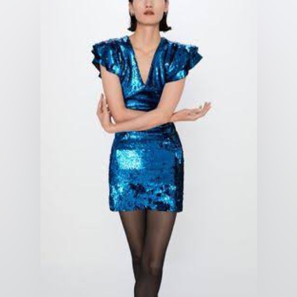 Zara sequin mini dress in blue. NWOT. XS - Picture 1 of 8